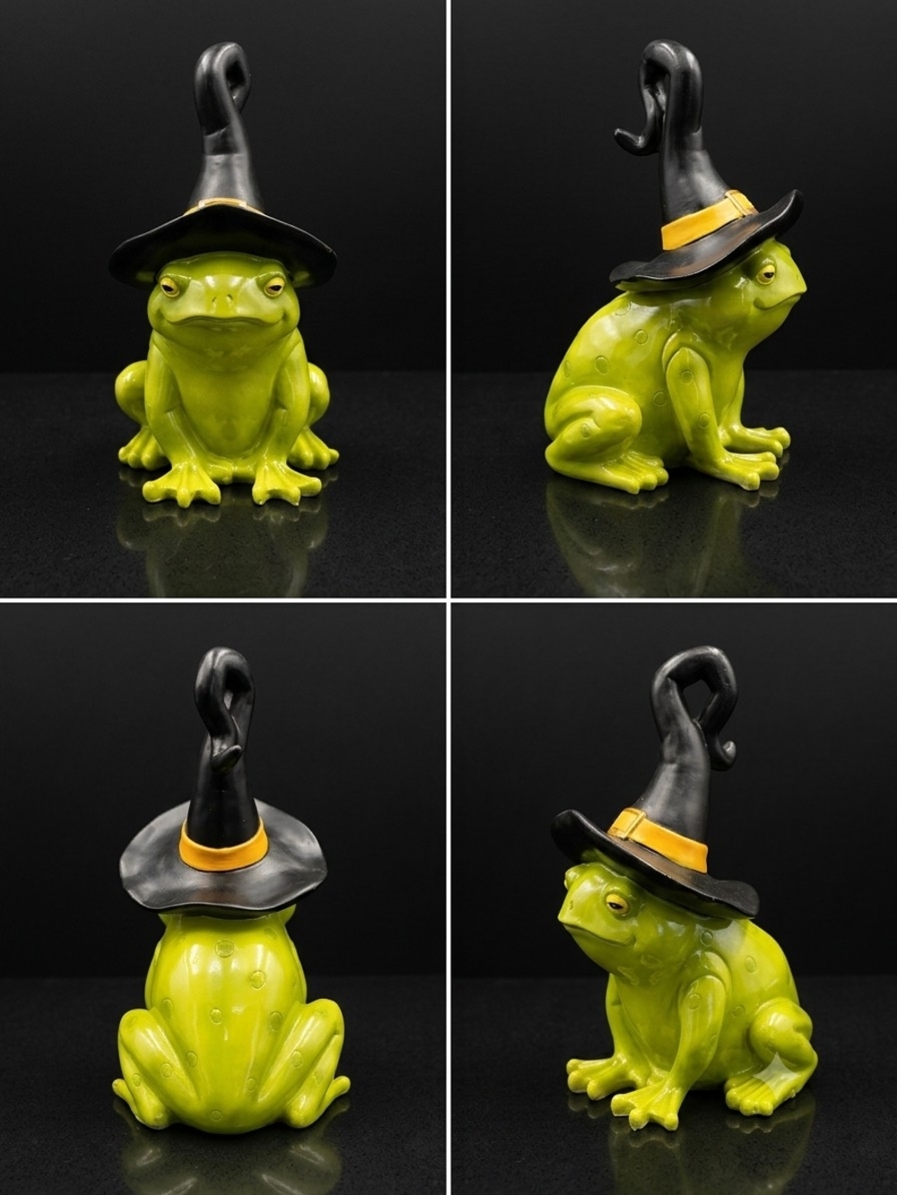 Green Frog Figurine with Black Witch Hat - Decorative Halloween Figure